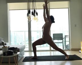 Relaxing naked yoga with flexible MILF doing sexy workout at home